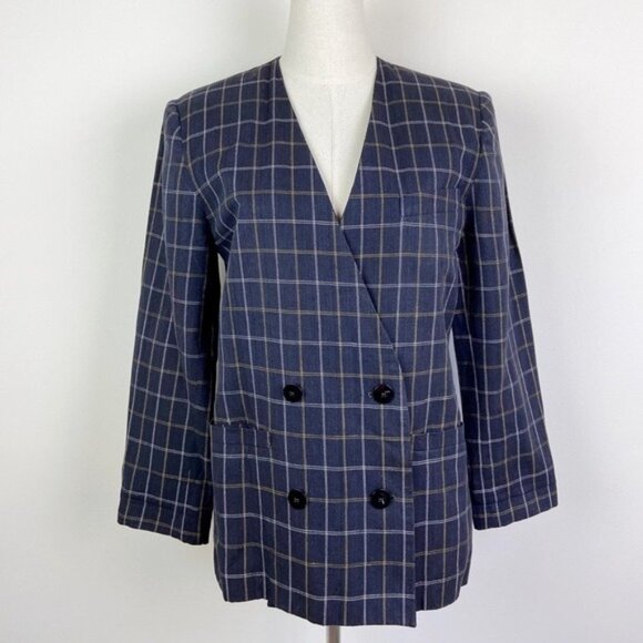 Vintage 90's Linen-Blend Plaid Double Breasted Blazer - Picture 1 of 13